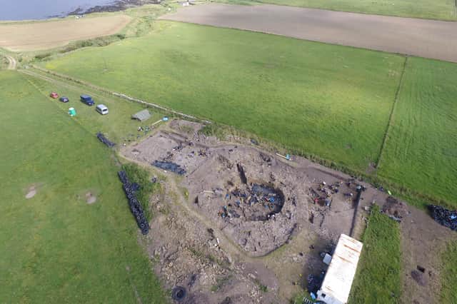 An aerial view of the UHI Archaeology Institute research excavation at The Cairns, South Ronaldsay, Orkney, with the pit where the shellfish was cooked clearly on show. PIC: Bobby Friel.