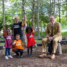 Sistema Scotland chief executive Nicola Killean, Rachel Odutona, Big Noise musician Elizabeth McColl, Jaxson Davidson, Alice Ajayi and Benny Higgins, chairman of Sistema Scotland. Picture: Jeff Holmes