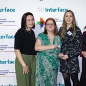 L-R - Gemma Monaghan from Azets, presents Knowledge Awards Heroes award to   the Scottish Centre for Food Development and Innovation team at Queen Margaret University, at the Interface Awards 2025.