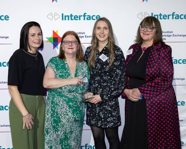 L-R - Gemma Monaghan from Azets, presents Knowledge Awards Heroes award to   the Scottish Centre for Food Development and Innovation team at Queen Margaret University, at the Interface Awards 2025.