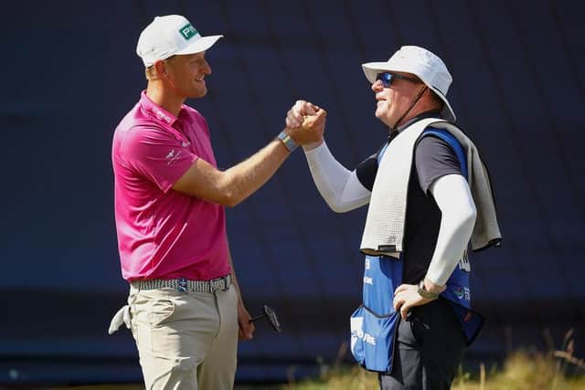 Adrian Meronk celebrates with his Scottish caddie Stuart Beck after claiming a second DP World Tour title triumph. Picture: Daniel Pockett/Getty Images.