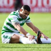 Celtic's Giorgos Giakoumakis has not featured since picking up a knee injury against Dundee on November 7. (Photo by Ross MacDonald / SNS Group)