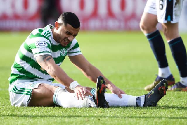 Celtic's Giorgos Giakoumakis has not featured since picking up a knee injury against Dundee on November 7. (Photo by Ross MacDonald / SNS Group)