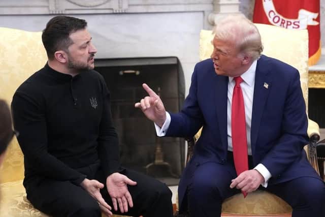 U.S. President Donald Trump and Ukrainian President Volodymyr Zelensky meet in the Oval Office at the White House on February 28, 2025 in Washington, DC.