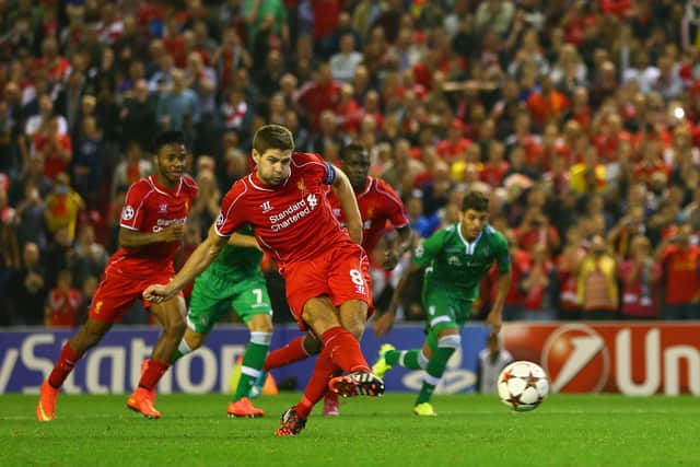 Steven Gerrard scores for Liverpool from the penalty spot against Ludogorets at Anfield in a Champions League match in 2014. The Bulgarian club are possible opponents for Gerrard's Rangers side in next season's qualifiers.   (Photo by Clive Brunskill/Getty Images)