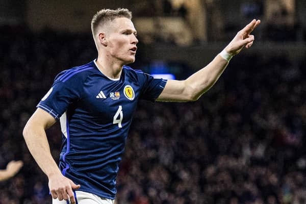 Scott McTominay - whose Manchester United future is shrouded in doubt - scores the opening goal v Spain in March. He scored twice in the 2-0 win.  (Photo by Ross MacDonald / SNS Group)