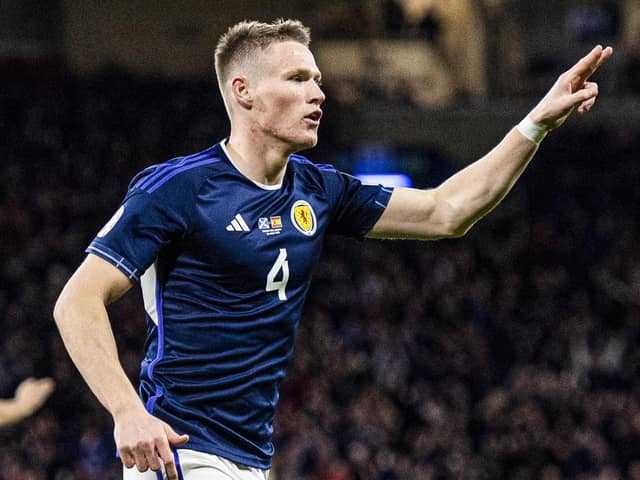 Scott McTominay - whose Manchester United future is shrouded in doubt - scores the opening goal v Spain in March. He scored twice in the 2-0 win.  (Photo by Ross MacDonald / SNS Group)