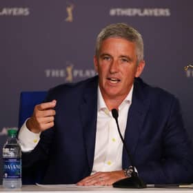 PGA Tour commissioner Jay Monahan speaks to the media during last year's The Players Championship at TPC Sawgrass in Ponte Vedra Beach, Florida. Picture: Gregory Shamus/Getty Images.