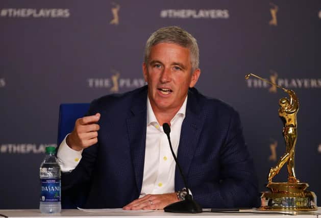 PGA Tour commissioner Jay Monahan speaks to the media during last year's The Players Championship at TPC Sawgrass in Ponte Vedra Beach, Florida. Picture: Gregory Shamus/Getty Images.