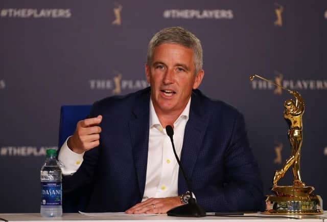 PGA Tour commissioner Jay Monahan speaks to the media during last year's The Players Championship at TPC Sawgrass in Ponte Vedra Beach, Florida. Picture: Gregory Shamus/Getty Images.