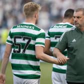 OSTRAVA, CZECH REPUBLIC - JULY 13: Celtic's Ange Postecoglou shakes hands with Stephen Welsh at full time during a pre-season friendly match between Banik Ostrava and Celtic at the Mestsky Stadion, on July 13, 2022, in Ostrava, Czech Republic.