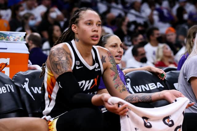 Brittney Griner, seen her during the second half during the game against the Chicago Sky at Footprint Center on October 10th, 2021, is currently detained in Russia under drug charges. Photo: Mike Mattina/Getty Images.