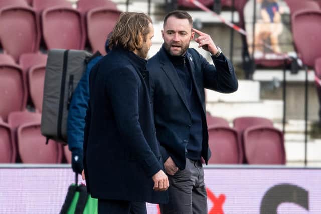 Hearts manager Robbie Neilson with Dundee manager James McPake at Tynecastle last season.