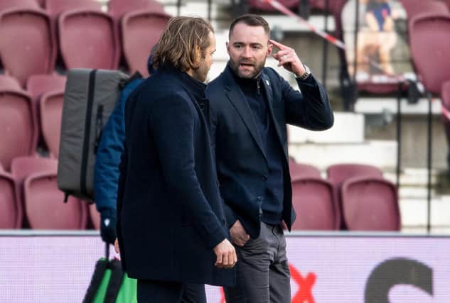 Hearts manager Robbie Neilson with Dundee manager James McPake at Tynecastle last season.