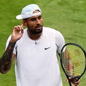 Nick Kyrgios celebrates winning his Gentlemen's singles fourth round match against Brandon Nakashima on day eight of the 2022 Wimbledon Championships. Picture date: Monday July 4, 2022.