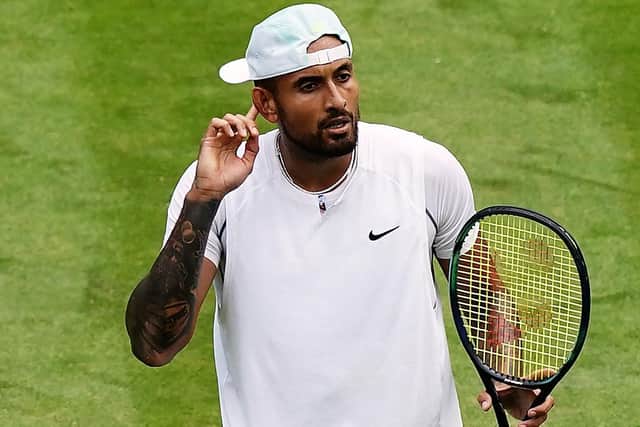 Nick Kyrgios celebrates winning his Gentlemen's singles fourth round match against Brandon Nakashima on day eight of the 2022 Wimbledon Championships. Picture date: Monday July 4, 2022.