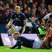 An inspired Finn Russell offloads to Kyle Steyn for the Scotland winger to score his second try of the match.