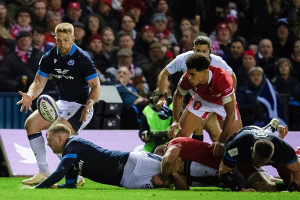 An inspired Finn Russell offloads to Kyle Steyn for the Scotland winger to score his second try of the match.