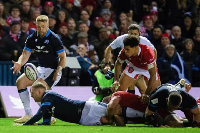 An inspired Finn Russell offloads to Kyle Steyn for the Scotland winger to score his second try of the match.