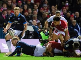An inspired Finn Russell offloads to Kyle Steyn for the Scotland winger to score his second try of the match.