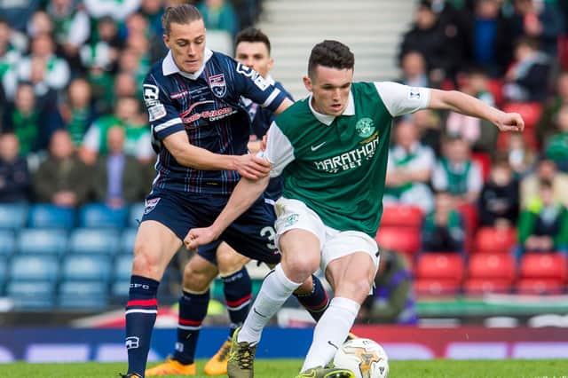 Jackson Irvine, playing for Ross County, battles with former Hibs midfielder John McGinn during the Highand side's victory over the Leith club in the 2016 League Cup final. Photo by Craig Foy/SNS Group