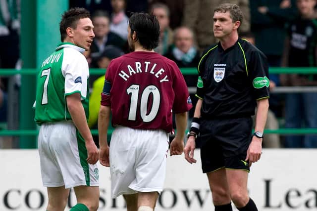 Scott Brown and Paul Hartley clashed while Hibs and Hearts players but would go on to become team-mates. Picture: SNS