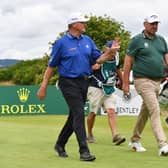 Paul Lawrie and Thomas Bjorn walk up the third hole on the King's Course in the first round of The Senior Open Presented by Rolex at Gleneagles. Picture: Mark Runnacles/Getty Images.
