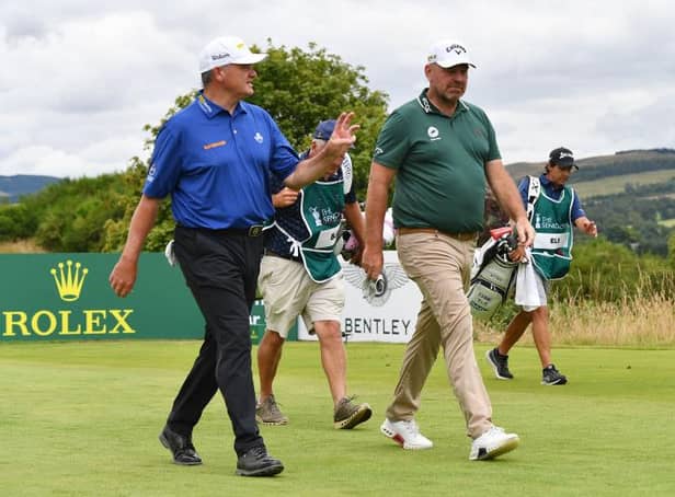 Paul Lawrie and Thomas Bjorn walk up the third hole on the King's Course in the first round of The Senior Open Presented by Rolex at Gleneagles. Picture: Mark Runnacles/Getty Images.