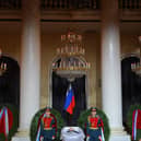Honour guards stand next to the coffin of Mikhail Gorbachev during yesterday's memorial service in the House of Unions in Moscow