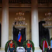 Honour guards stand next to the coffin of Mikhail Gorbachev during yesterday's memorial service in the House of Unions in Moscow