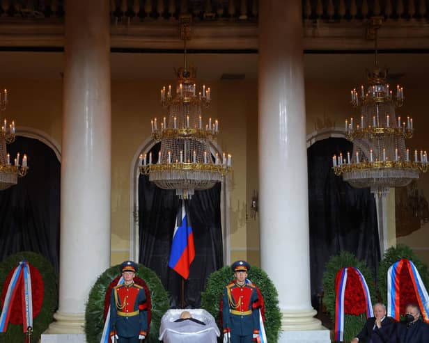 Honour guards stand next to the coffin of Mikhail Gorbachev during yesterday's memorial service in the House of Unions in Moscow