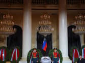 Honour guards stand next to the coffin of Mikhail Gorbachev during yesterday's memorial service in the House of Unions in Moscow