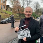 Mark Bonnar on the set of the second series of Guilt in Glasgow.