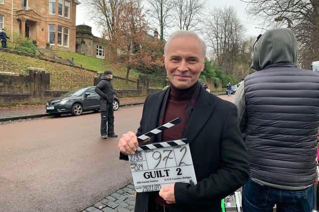 Mark Bonnar on the set of the second series of Guilt in Glasgow.