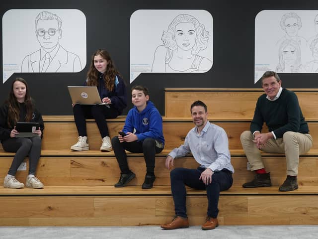 School pupils from Winchburgh Academy with headteacher Jonny Mitchell and ITZA CEO Anthony Bouchier. Picture by Stewart Attwood
