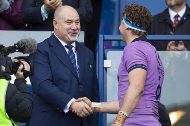 Scottish Rugby chief executive Mark Dodson with captain Jamie Ritchie during the Guinness Six Nations match against Italy at BT Murrayfield on March 18. (Photo by Ross MacDonald / SNS Group)