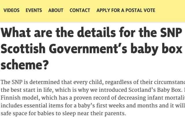 The SNP's website states Finland's baby box scheme has a "proven track record of decreasing infant mortality," but experts say no evidence exists to support such a claim. Picture: Martyn McLaughlin