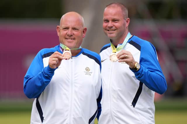 Scotland's Paul Foster and Alex Marshall with their Bronze medals won in the Lawn Bowls Men's Pairs at Victoria Park on day five of the 2022 Commonwealth Games in Birmingham.