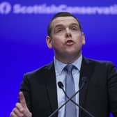 Scottish Conservative Party leader Douglas Ross makes his keynote speech to party conference in Aberdeen. Image: Jeff J Mitchell/Getty Images.