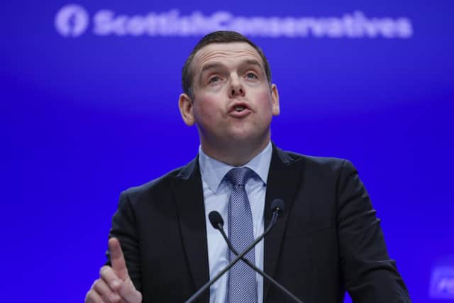 Scottish Conservative Party leader Douglas Ross makes his keynote speech to party conference in Aberdeen. Image: Jeff J Mitchell/Getty Images.