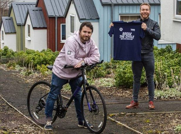 Sir Chris Hoy visits Social Bite's first village in Granton, Edinburgh, with the charity's founder Josh Littlejohn, to launch the Break the Cycle campaign.