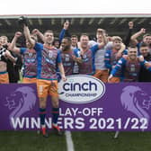 Queen's Park players celebrate promotion to the Championship after the play-off win over Airdrie.  (Photo by Craig Foy / SNS Group)