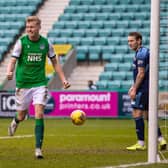 Hibs youngster Josh Doig celebrates his first senior goal for the club as the Easter Road side beat 10-man Hamilton. Photo by Craig Williamson / SNS Group