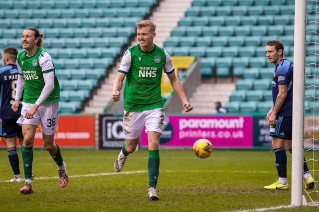 Hibs youngster Josh Doig celebrates his first senior goal for the club as the Easter Road side beat 10-man Hamilton. Photo by Craig Williamson / SNS Group