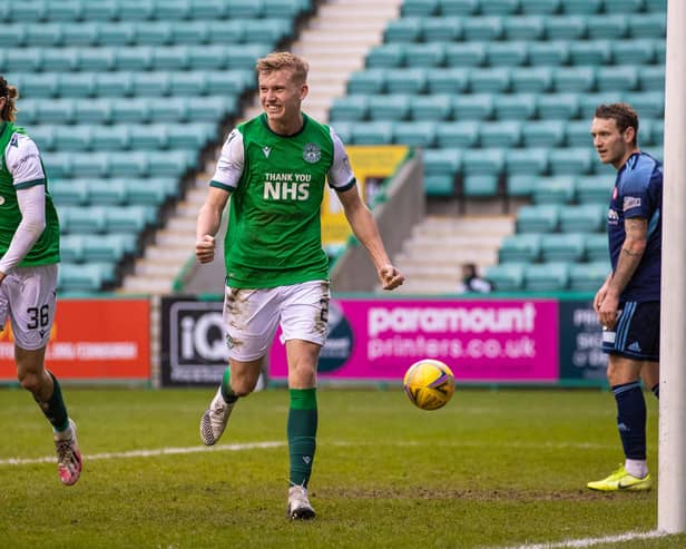 Hibs youngster Josh Doig celebrates his first senior goal for the club as the Easter Road side beat 10-man Hamilton. Photo by Craig Williamson / SNS Group