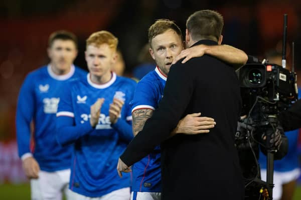 Rangers' Scott Arfield (L) and manager Michael Beale at full time after the win over Aberdeen.