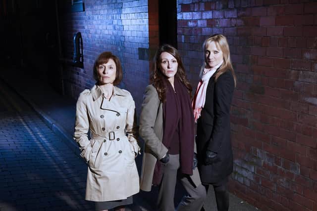 Amelia Bullmore, Suranne Jones and Lesley Sharp in Scott & Bailey, 2013.