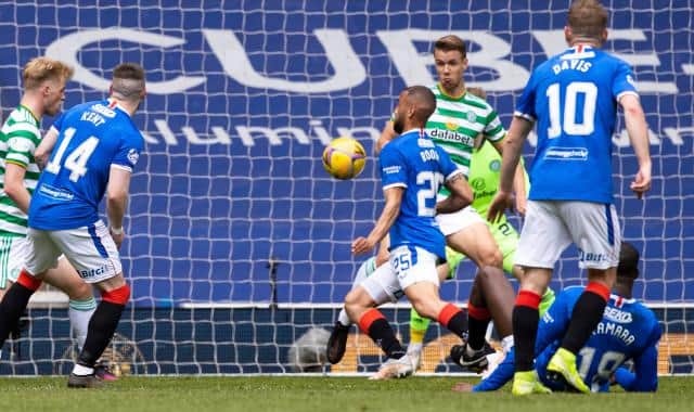 Kemar Roofe scores with his chest to make it 1-0 Rangers during a Scottish Premiership match between Rangers and Celtic at Ibrox Park, on May 02, 2021, in Glasgow, Scotland. (Photo by Craig Williamson / SNS Group)