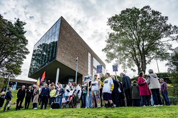 Forth Valley College staff and students protesting against the threatened closure of its Alloa campus. Picture: John Devlin