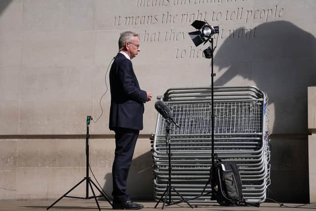 Secretary of State for levelling up, housing and communities Michael Gove speaks to the media outside BBC Broadcasting House in London. Picture: Lucy North/PA Wire